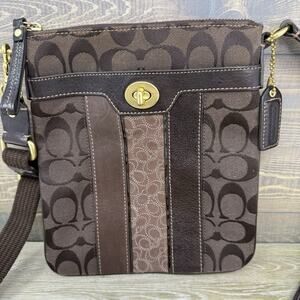 COACH Signature Swingpack Crossbody Purse Brown Logo Canvas Leather